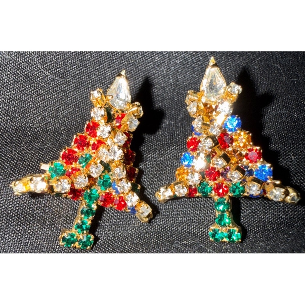Rhinestone earrings Christmas tree signed OTC earrings gold plated.